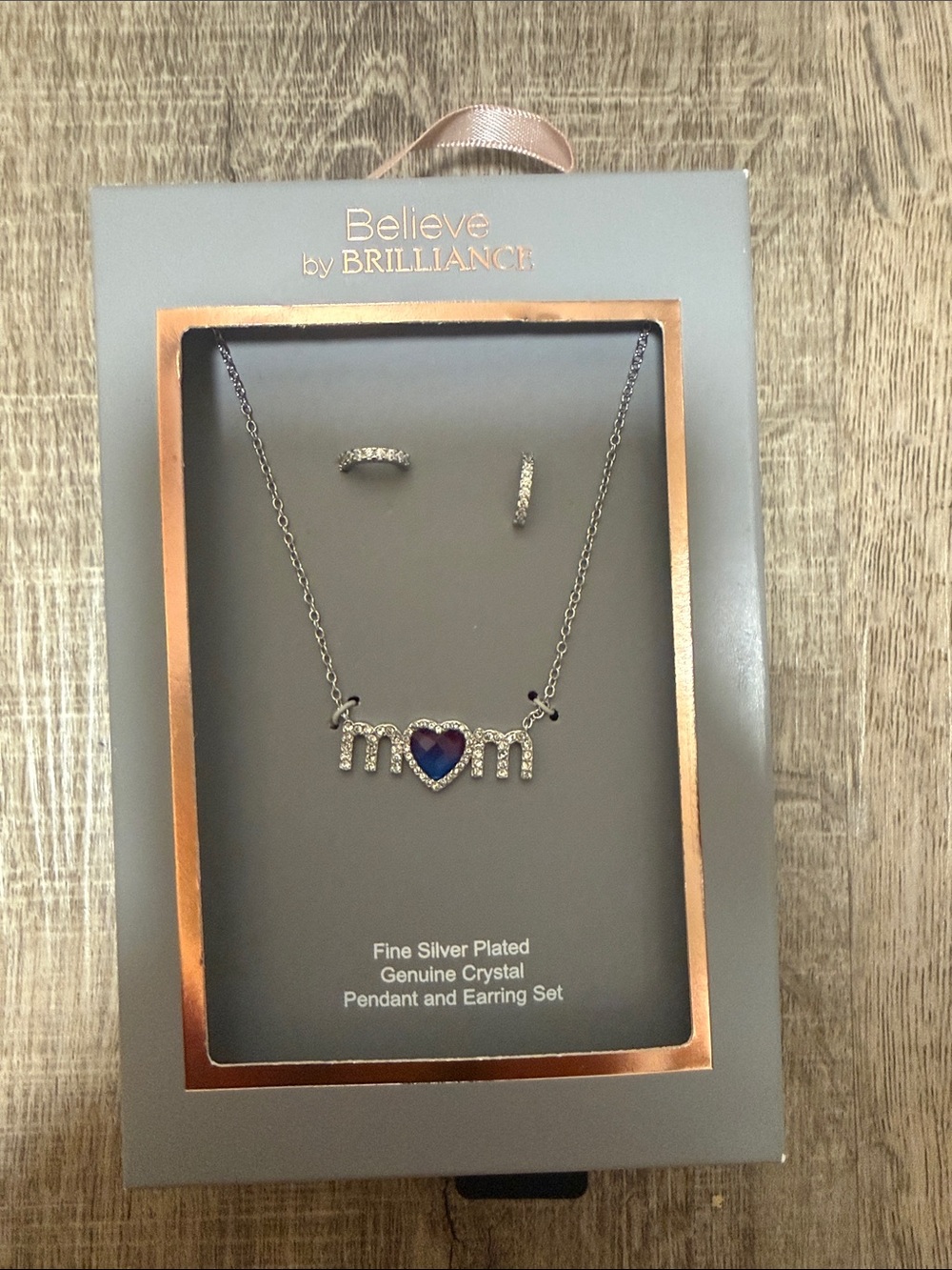 Silver-Plated 'Mom' Heart Necklace & Earring Set - Blue/Purple
